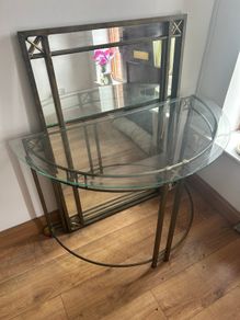 Metal framed hall mirror and matching glass top table