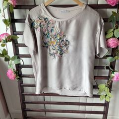 top Zara size small satin front embroidered detail short sleeve top
