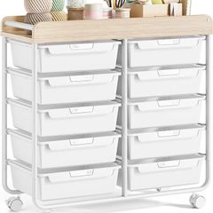 Rolling-Utility-Storage-Trolley-Cart-Craft-Organizer on Wheels with 10 Drawers & DIY Label Slot for Home, Office,Classroom, Make Up, 10 Drawers Art Supply Organizers, Craft Trolley, White