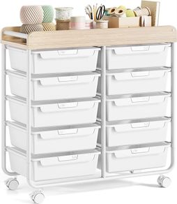 Rolling-Utility-Storage-Trolley-Cart-Craft-Organizer on Wheels with 10 Drawers & DIY Label Slot for Home, Office,Classroom, Make Up, 10 Drawers Art Supply Organizers, Craft Trolley, White