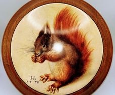 Vintage Ceramic Red Squirrel Oak Frame