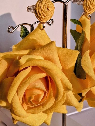 Realistic Yellow Extravagant Rose with Raffia Woven Stud Earrings