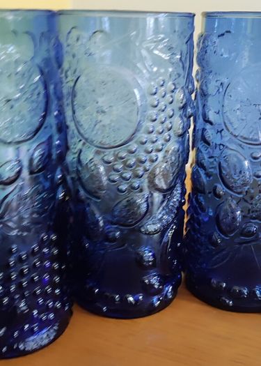 Set Of 5 Vintage Blue Fruit Embossed Design Tumblers / 5 glasses / Neiman Marcus / 1970s