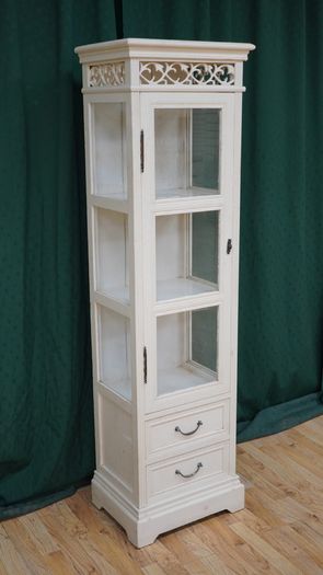 Slim Cream Glazed Display Cabinet with Drawers