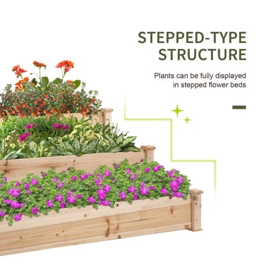 470L Raised Garden Bed, 3-Tier Planter Kit, Elevated Wooden Planters for Garden, Yard & Patio, 124 x 124 x 56 cm