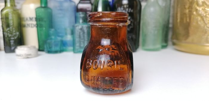67 - Vintage 4oz Bovril Dark Brown Glass Embossed Letters Jar