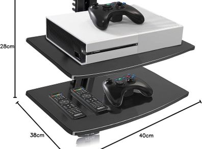 2 Floating Shelf Wall bracket with Strengthened Tempered Glass for DVD Players/Cable Boxes/Games Consoles/TV Accessories, 2 Shelves, Black