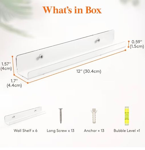 Floating Shelves for Vinyl Record, 6 Pack 12" Clear Plastic Wall Shelf Room Decor for Book/Photo/Picture/Makeup Display in Bedroom, Living Room, Bathroom Storage and Organization