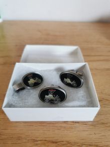 Vintage Model T Antique Enameled Cufflinks and Tie Clip set