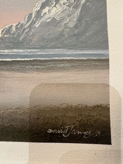 This artwork is a coastal oil painting featuring a traditional single-masted sailing boat stranded or anchored on a calm shoreline, signed by contemporary marine artist David James