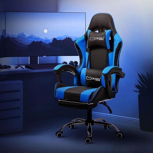Gaming chair with massage function and footrest  aming Chair, Black/White, PU Leather, Ergonomic Office Chair, Adjustable Swivel Chair, Racing Gamer Chair with Armrest, Headrest, Lumbar Cushion, Footrest, Desk Chair