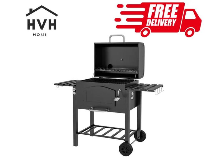 Charcoal Barbecue Grill Trolley Garden Smoker with Shelves, Adjustable Height, Thermometer on Lid, Opener and Wheels