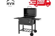 Charcoal Barbecue Grill Trolley Garden Smoker with Shelves, Adjustable Height, Thermometer on Lid, Opener and Wheels