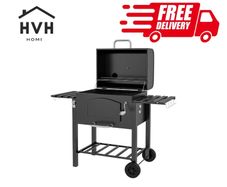 Charcoal Barbecue Grill Trolley Garden Smoker with Shelves, Adjustable Height, Thermometer on Lid, Opener and Wheels