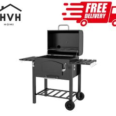Charcoal Barbecue Grill Trolley Garden Smoker with Shelves, Adjustable Height, Thermometer on Lid, Opener and Wheels