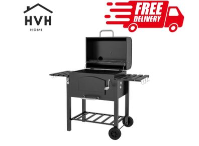 Charcoal Barbecue Grill Trolley Garden Smoker with Shelves, Adjustable Height, Thermometer on Lid, Opener and Wheels