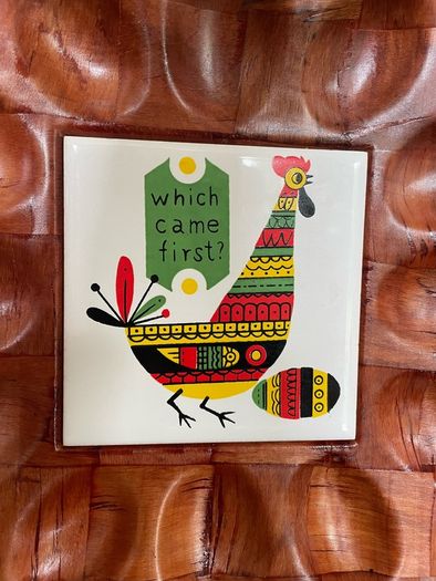 Vintage 1970s Chicken Tile on Bamboo Deviled Eggs Platter or storage