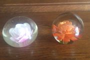 A pair of floral clear glass paperweights