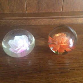 A pair of floral clear glass paperweights