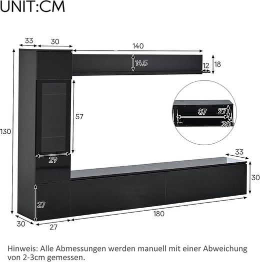 3-Piece with LED Lighting, High Gloss Black - Living Room Furniture Set with TV Lowboard, Display Case & Wall Shelf, Modern, for Large TVs up to 79 Inches Black