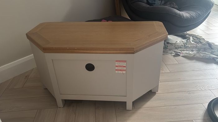 Grey TV Unit / Corner Media Cabinet with Solid Wood Top & 2 Drawers