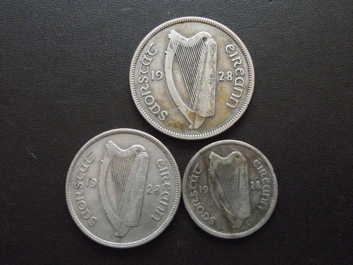 1928 Irish Free State. Set of 3 Silver Coins: Half Crown&Florin&Shilling