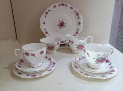 Vintage Queen Anne  9 piece Tea Set Pink Floral Gold Bone China