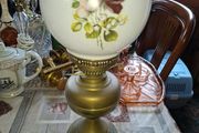 Beautiful Old Brass Oil Lamp Double Wick Burner and Spherical Milk Glass Shade with Roses, Postage or Collection