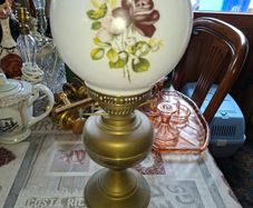 Beautiful Old Brass Oil Lamp Double Wick Burner and Spherical Milk Glass Shade with Roses, Postage or Collection
