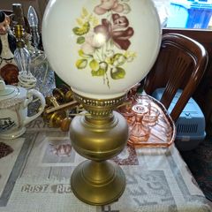 Beautiful Old Brass Oil Lamp Double Wick Burner and Spherical Milk Glass Shade with Roses, Postage or Collection