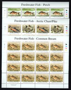 2001 Ireland Freshwater Fish (Perch, Arctic Charr, Pike & Bream) Stamp Sheetlet Plate 1B1B1B1B Mint Never Hinged (MNH)