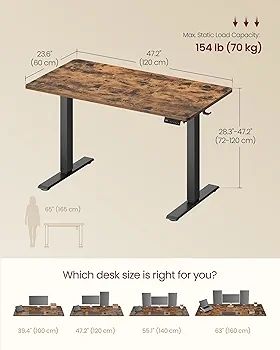 Electric Standing Desk, Height Adjustable Desk, Sedentary Reminder, 4 Memory Heights, for Home Office, 120 x 60 cm, Rustic Brown