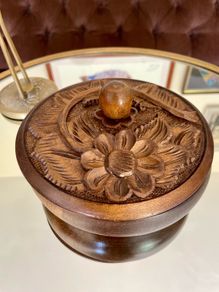 Vintage French Hand Carved Round Lidded Wooden Box Jewellery Box