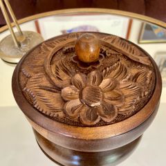 Vintage French Hand Carved Round Lidded Wooden Box Jewellery Box