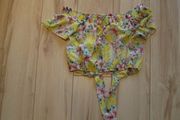 ladies yellow crop top with pink and green floral design size 10
