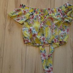 ladies yellow crop top with pink and green floral design size 10