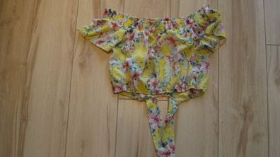 ladies yellow crop top with pink and green floral design size 10