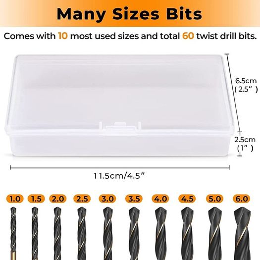 60pcs High Speed Steel Twist Drill Bits, HSS 4341 Gold Titanium and Black Nitride, 1mm-6mm Drill Bit Set for Drilling Steel, Alloy, Iron, Copper, Wood, Plastic, with Hard Storage Case (FREE POSTAGE)