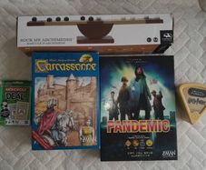 Pandemic + Carcassonne + Rock Me Archimedes + Monopoly Deal + Harry Potter Trivial Pursuit
