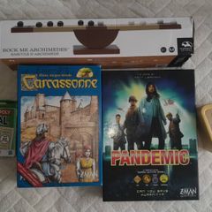 Pandemic + Carcassonne + Rock Me Archimedes + Monopoly Deal + Harry Potter Trivial Pursuit