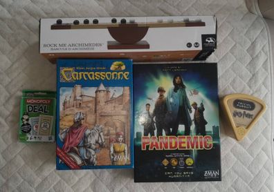 Pandemic + Carcassonne + Rock Me Archimedes + Monopoly Deal + Harry Potter Trivial Pursuit