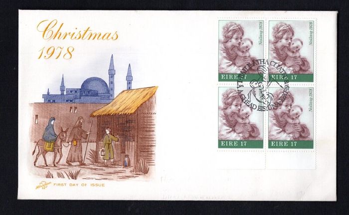 1978 Ireland Christmas 17p "The Virgin and Child" (Guercino) Commemorative Stamp Block  Illustrated Hibernian First Day Cover (FDC)