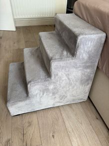 Grey, four-step plush pet staircase and small dog bed
