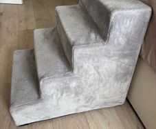 Grey, four-step plush pet staircase and small dog bed