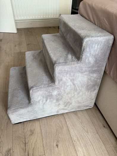 Grey, four-step plush pet staircase and small dog bed