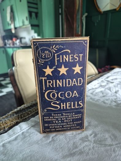 Antique Vintage Trindad cocoa shells cardboard packaging with product