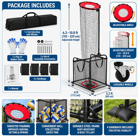 Adjustable Volleyball Training Net with Ball Collection Cart Portable Setter, Serving & Spiking Practice Equipment