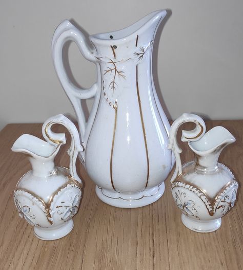 3 antique jugs white with leaves relief & gilt accents