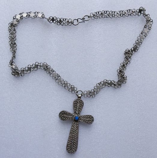 Vintage Turquoise  Large 4" Cross Pendant and unusual Chain length 34"