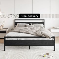 King Size Bed Frame with Wood Headboard,Heavy Duty Metal Platform